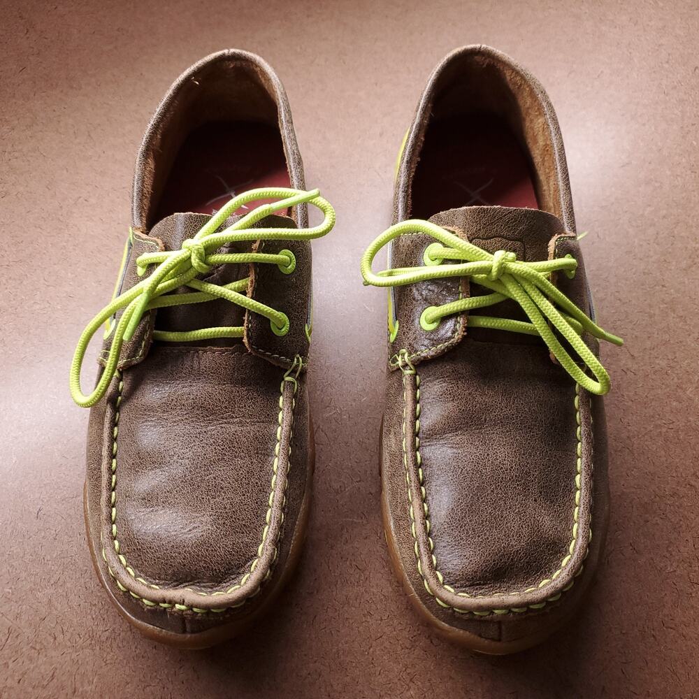 Twisted X Driving Mocs Women 8.5M Brown Leather Neon Yellow WDM0010 Boat Shoe - Picture 4 of 8